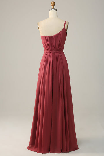Desert Rose A Line One Shoulder Chiffon Long Bridesmaid Dress